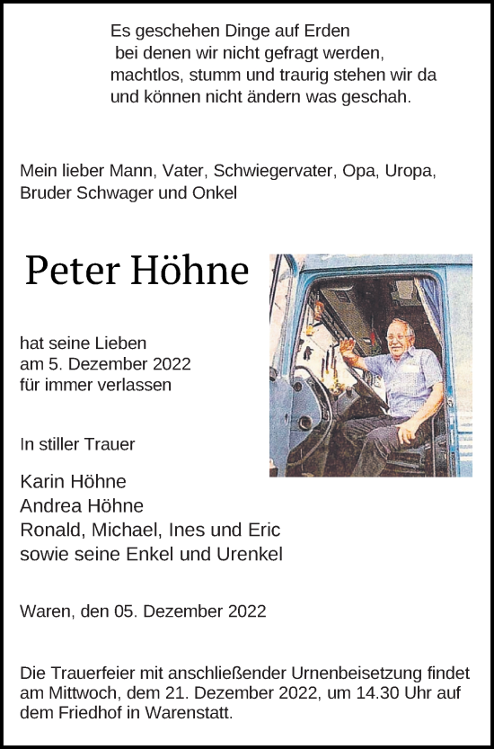 Traueranzeige von Peter Höhne von Müritz-Zeitung