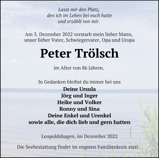 Traueranzeige von Peter Trölsch von Haff-Zeitung