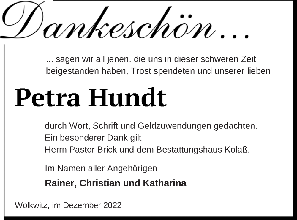  Traueranzeige für Petra Hundt vom 30.12.2022 aus Demminer Zeitung