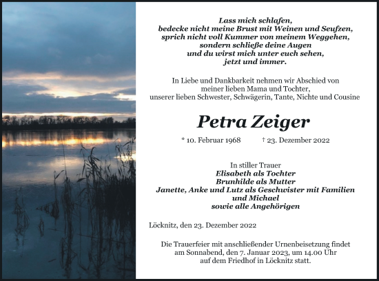 Traueranzeige von Petra Zeiger von Pasewalker Zeitung