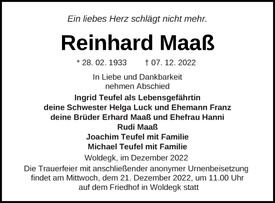 Traueranzeige von Reinhard Maaß von Strelitzer Zeitung