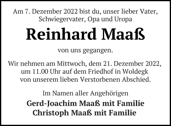 Traueranzeige von Reinhard Maaß von Strelitzer Zeitung