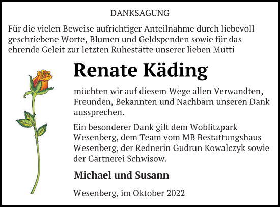 Traueranzeige von Renate Käding von Strelitzer Zeitung