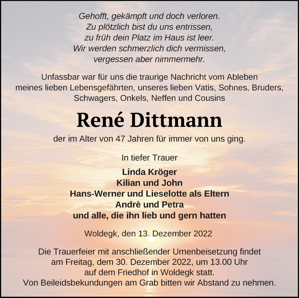  Traueranzeige für Rene Dittmann vom 21.12.2022 aus Strelitzer Zeitung