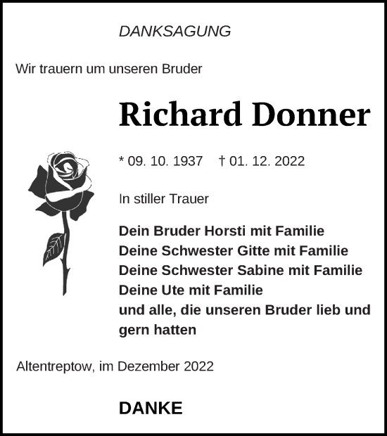 Traueranzeige von Richard Donner von Neubrandenburger Zeitung