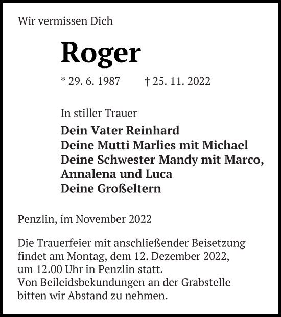 Traueranzeige von Roger  von Müritz-Zeitung