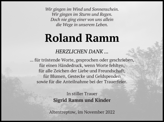 Traueranzeige von Roland Ramm von Neubrandenburger Zeitung