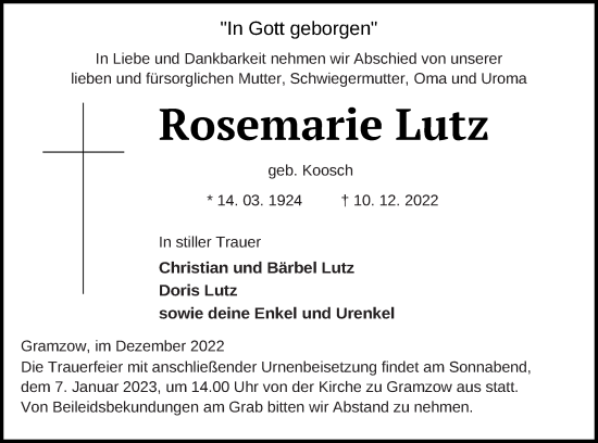 Traueranzeige von Rosemarie Lutz von Prenzlauer Zeitung