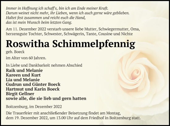 Traueranzeige von Roswitha Schimmelpfennig von Prenzlauer Zeitung