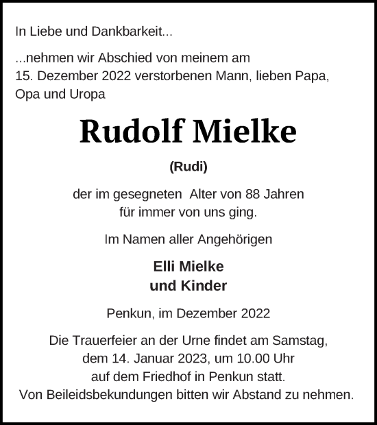 Traueranzeige von Rudolf Mielke von Pasewalker Zeitung