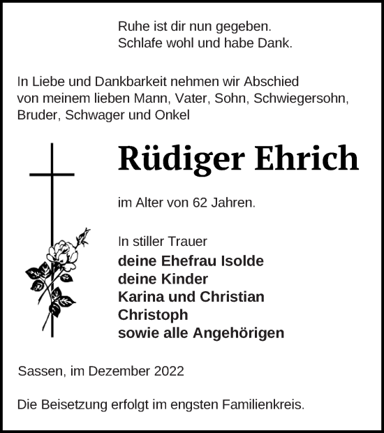 Traueranzeige von Rüdiger Ehrich von Vorpommern Kurier