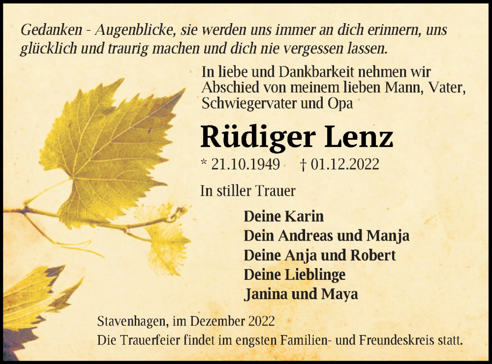  Traueranzeige für Rüdiger Lenz vom 13.12.2022 aus Mecklenburger Schweiz