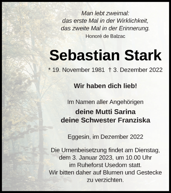 Traueranzeige von Sebastian Stark von Haff-Zeitung