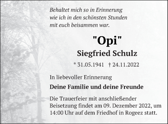 Traueranzeige von Siegfried Schulz von Müritz-Zeitung