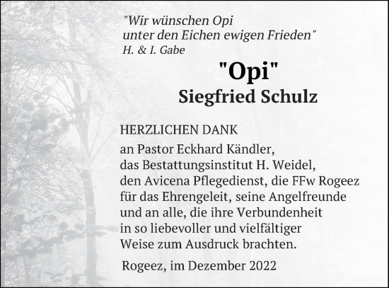 Traueranzeige von Siegfried Schulz von Müritz-Zeitung