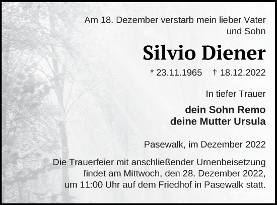 Traueranzeige von Silvio Diener von Pasewalker Zeitung