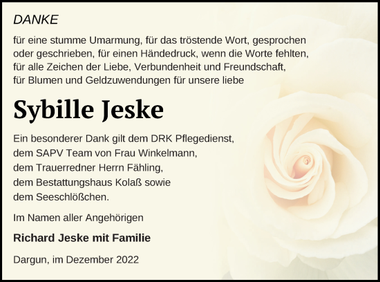 Traueranzeige von Sybille Jeske von Mecklenburger Schweiz