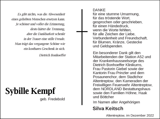 Traueranzeige von Sybille Kempf von Demminer Zeitung