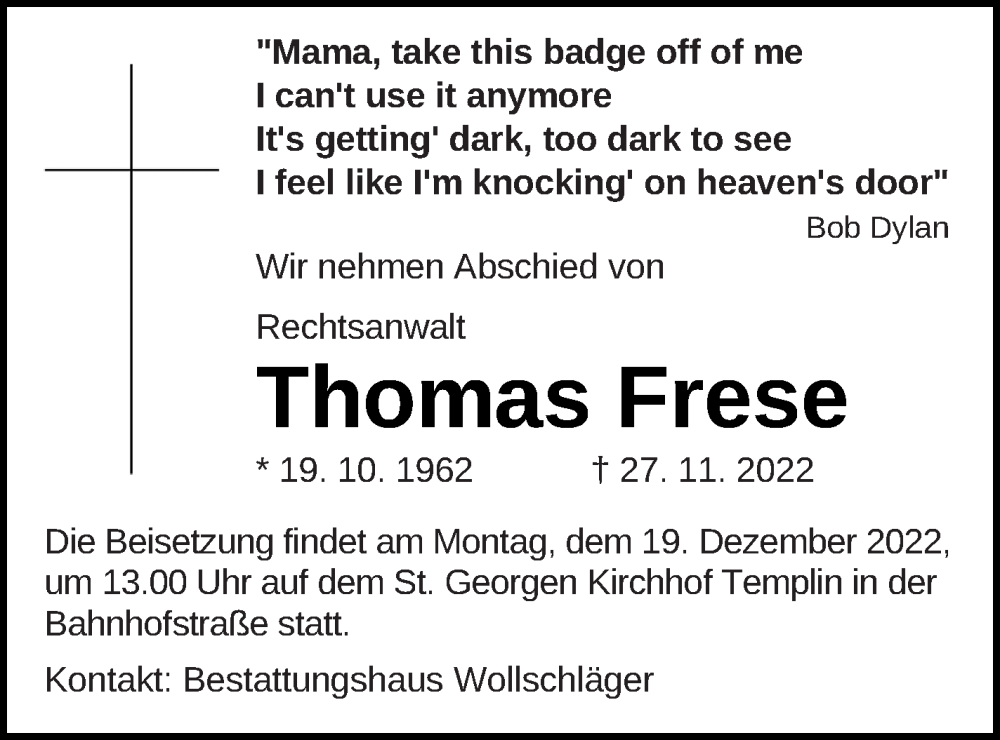  Traueranzeige für Thomas Frese vom 10.12.2022 aus Templiner Zeitung