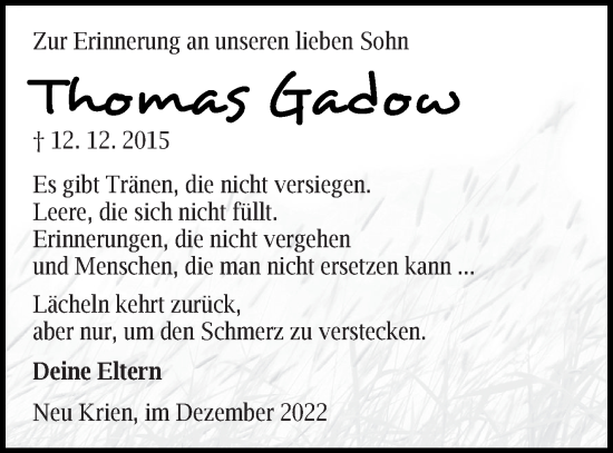 Traueranzeige von Thomas Gadow von Vorpommern Kurier