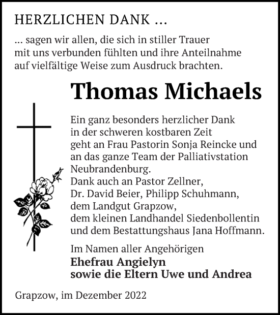 Traueranzeige von Thomas Michaels von Demminer Zeitung