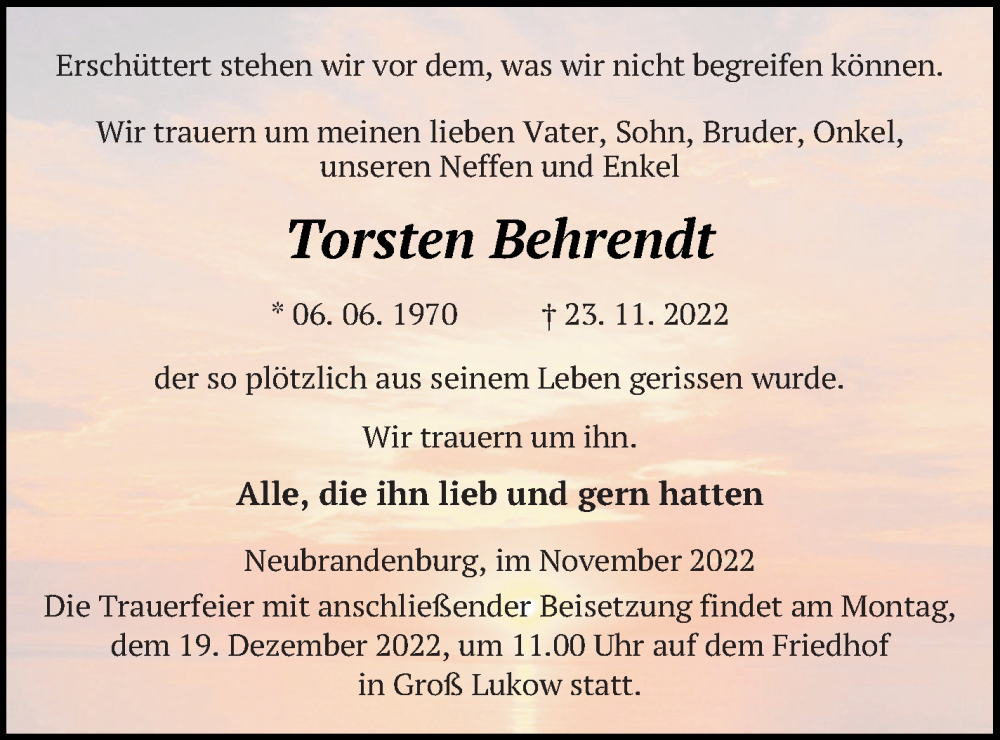  Traueranzeige für Torsten Behrendt vom 09.12.2022 aus Mecklenburger Schweiz