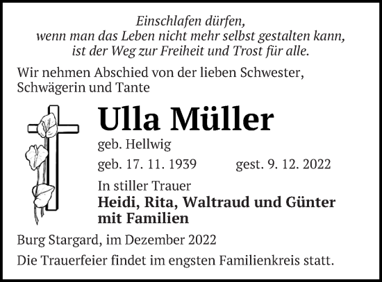 Traueranzeige von Ulla Müller von Neubrandenburger Zeitung