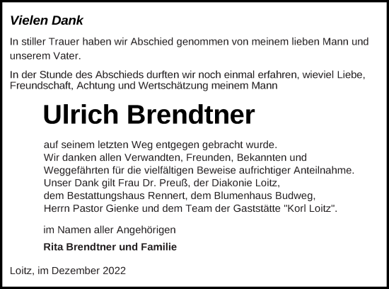 Traueranzeige von Ulrich Brendtner von Vorpommern Kurier