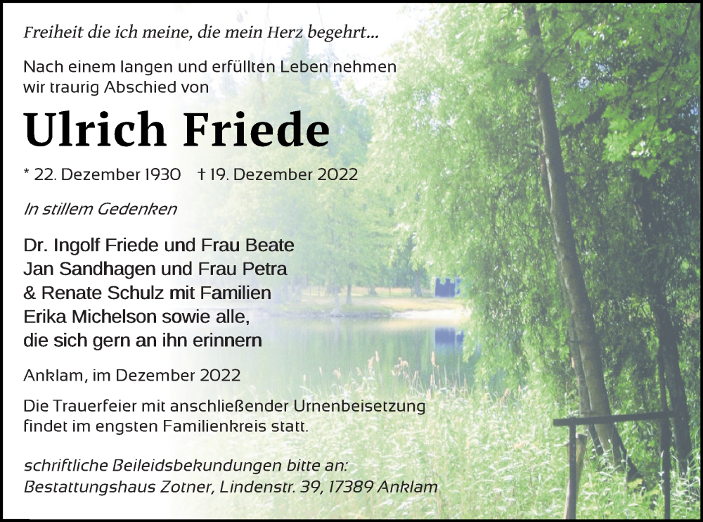  Traueranzeige für Ulrich Friede vom 24.12.2022 aus Vorpommern Kurier