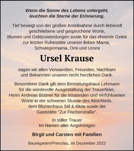 Traueranzeige von Ursel Krause von Prenzlauer Zeitung