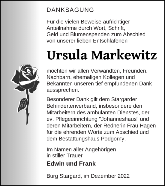 Traueranzeige von Ursula Markewitz von Neubrandenburger Zeitung