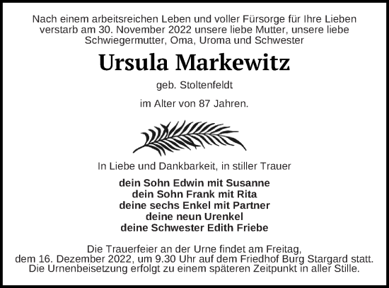 Traueranzeige von Ursula Markewitz von Neubrandenburger Zeitung