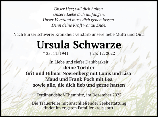 Traueranzeige von Ursula Schwarze von Haff-Zeitung