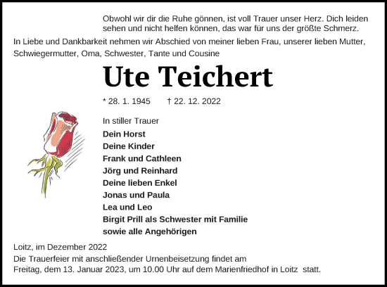 Traueranzeige von Ute Teichert von Vorpommern Kurier