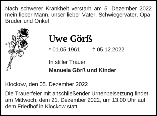 Traueranzeige von Uwe Görß von Müritz-Zeitung