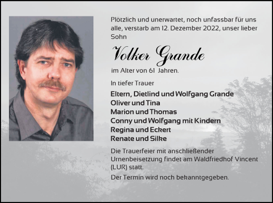 Traueranzeige von Volker Grande von Neubrandenburger Zeitung