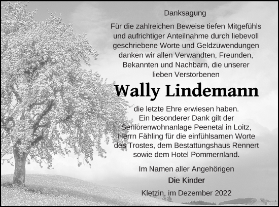 Traueranzeige von Wally Lindemann von Demminer Zeitung