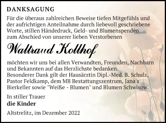 Traueranzeige von Waltraud Kollhof von Strelitzer Zeitung