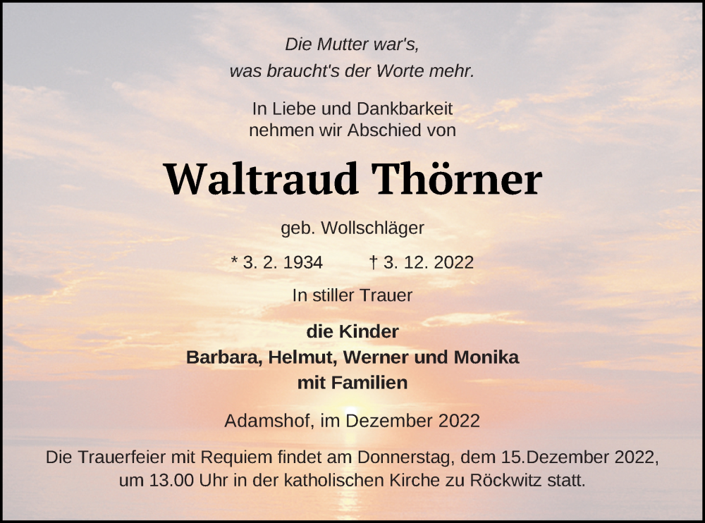  Traueranzeige für Waltraud Thörner vom 10.12.2022 aus Mecklenburger Schweiz