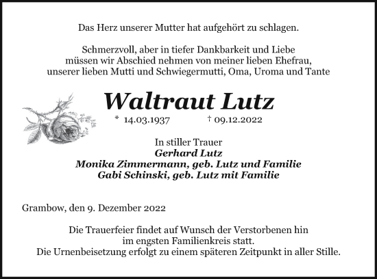 Traueranzeige von Waltraut Lutz von Pasewalker Zeitung