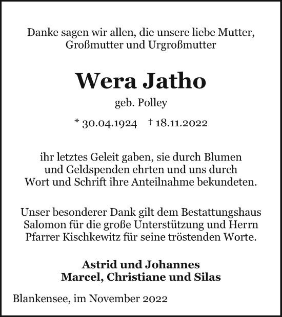 Traueranzeige von Wera Jatho von Pasewalker Zeitung