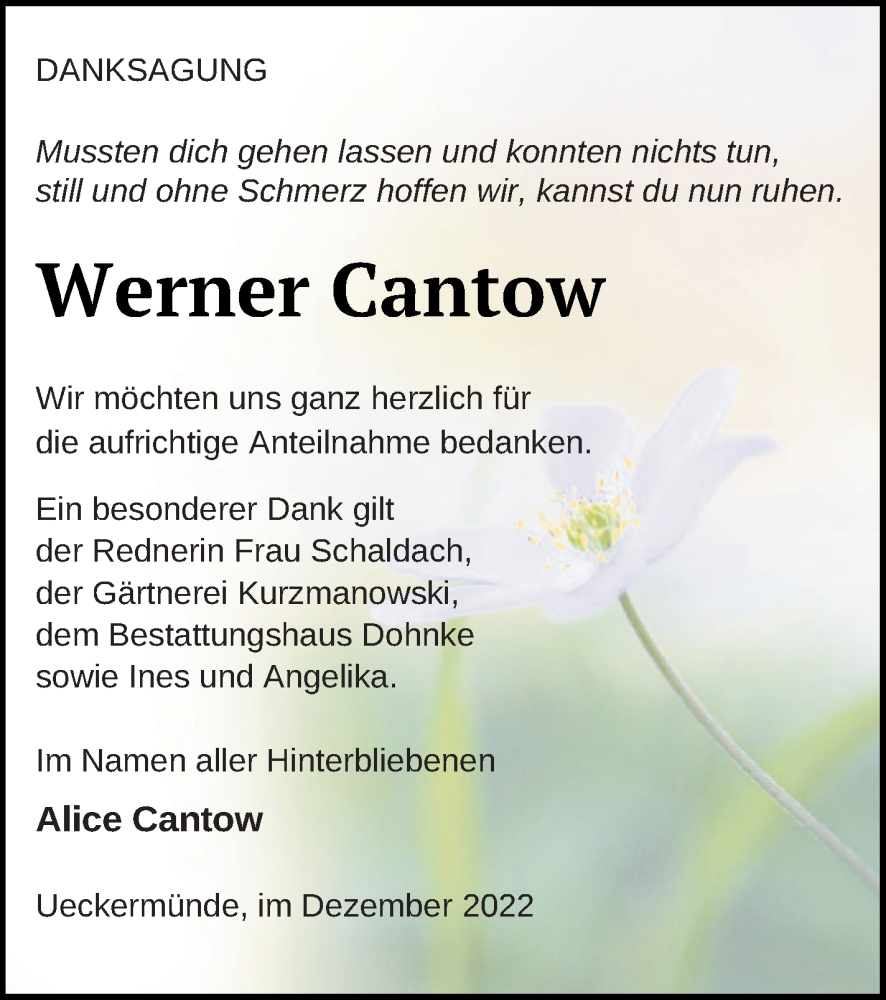  Traueranzeige für Werner Cantow vom 09.12.2022 aus Haff-Zeitung