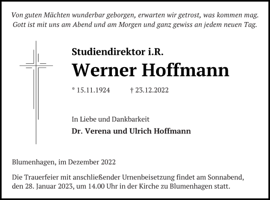 Traueranzeige von Werner Hoffmann von Pasewalker Zeitung