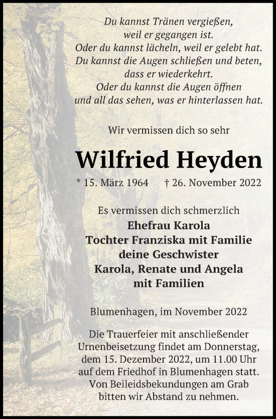 Traueranzeige von Wilfried Heyden von Pasewalker Zeitung