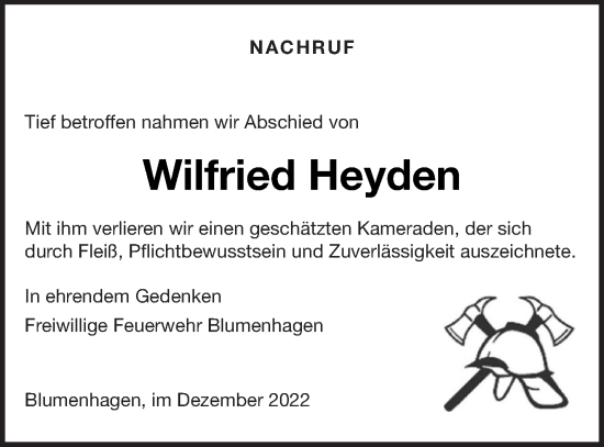 Traueranzeige von Wilfried Heyden von Pasewalker Zeitung