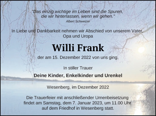 Traueranzeige von Willi Frank von Strelitzer Zeitung