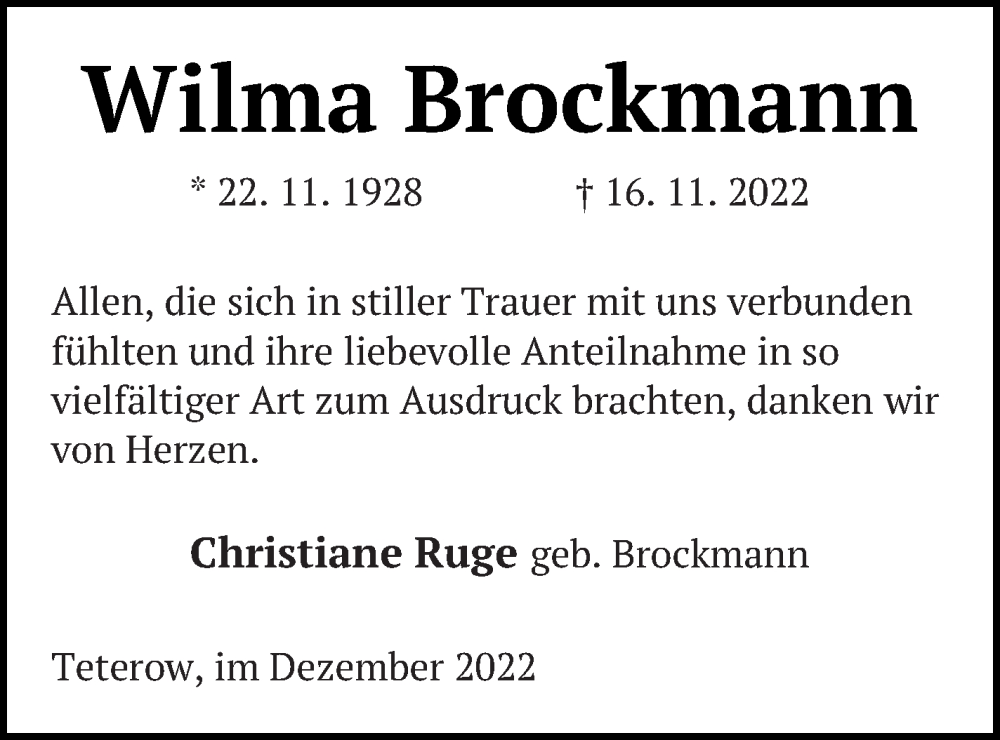  Traueranzeige für Wilma Brockmann vom 10.12.2022 aus Mecklenburger Schweiz