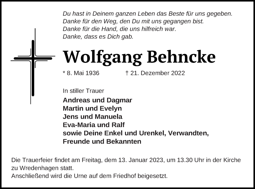  Traueranzeige für Wolfgang Behncke vom 31.12.2022 aus Müritz-Zeitung
