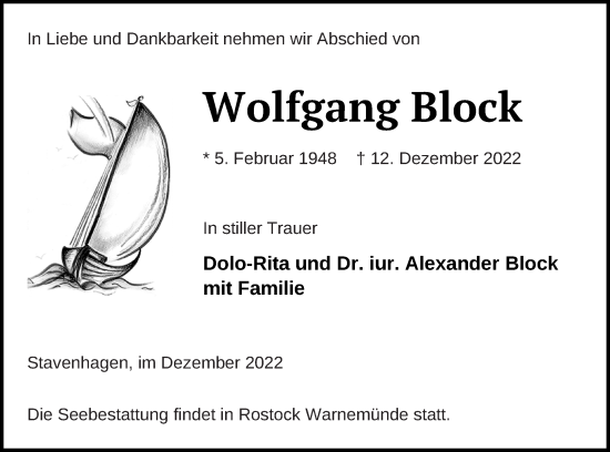 Traueranzeige von Wolfgang Block von Mecklenburger Schweiz