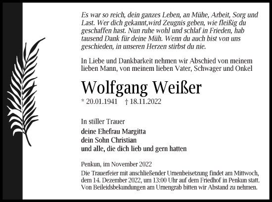 Traueranzeige von Wolfgang Weißer von Pasewalker Zeitung